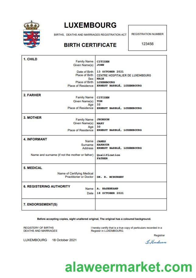 Luxembourg birth certificate Word and PDF template
